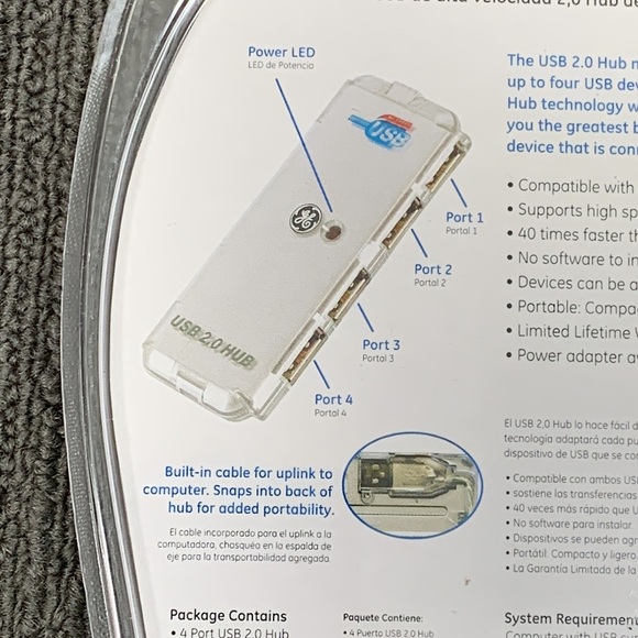 GE High Speed USB 2.0 4-Port Hub Built in Cable #98751 New Factory Sealed - Picture 11 of 13